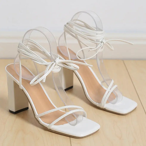 'Caris' Tie-Up Cross Strap Block Heels - Celes Fashion